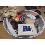 Box containing a quantity of various costume jewellery and perfume bottles including Jean Paul