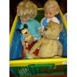 20th Century articulated plush teddy bear, two children's injection moulded dolls,