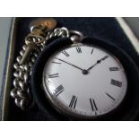 Silver cased open face pocket watch having enamel dial with Roman numerals and floral engraved case,