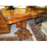 William IV rectangular rosewood fold-over card table on tapering hexagonal column, circular base,