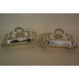 Pair of good quality rectangular plated on copper entree dishes with covers and handles