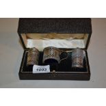 Cased Birmingham silver three piece condiment set