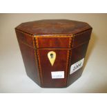 George III mahogany and chequer line inlaid octagonal tea caddy with hinged cover