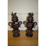 Pair of late 19th Century Japanese dark patinated bronze incense burners,