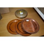 Korean circular brass bowl and cover with engraved decoration together with three copper plates