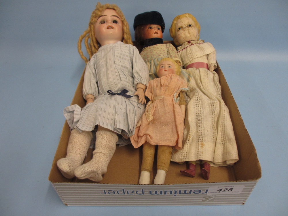 Group of four various late 19th / early 20th Century bisque headed and wax headed dolls (a/f)