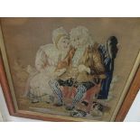 19th Century needlework picture of a seated lady and gentleman in a maple frame together with