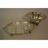 Silver plated two handled hors d'oeuvres dish with cut glass inserts and a silver plated circular