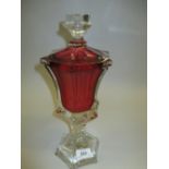 19th / 20th Century Continental clear and cranberry glass pedestal jar and cover of hexagonal