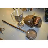 19th Century copper helmet shaped coal scuttle, warming pan with turned wooden handle,