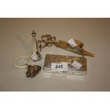 Babies rattle / teether in the form of a rabbit, pair of plated candle snuffers,