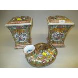 Pair of oriental square flared rim flower vases with covers decorated with figures,