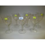 Set of six fine quality 19th Century wine glasses with floral etched bowls,