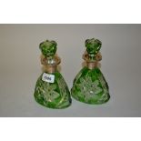 Pair of green overlaid cut glass decanters with silver collars (a/f)