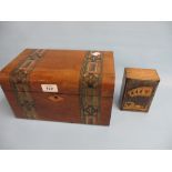 Victorian work box with hinged cover and transfer decoration together with a Madeira playing cards