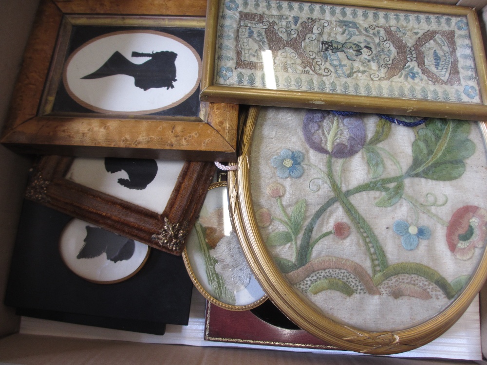 Pair of oval gilt framed needlework flower pictures, small Chinese silk embroidery,