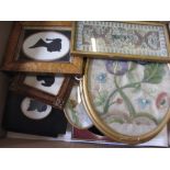 Pair of oval gilt framed needlework flower pictures, small Chinese silk embroidery,