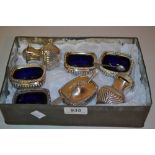 Chester silver seven piece condiment set including salts with blue glass liners,