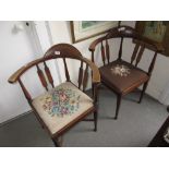 Pair of Edwardian mahogany line inlaid corner chairs raised on turned supports with crossover