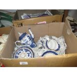 Two boxes containing a large quantity of Booths Real Old Willow pattern blue and white dinner ware