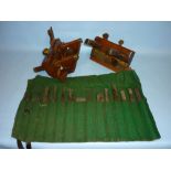 Antique wooden plough plane with bits together with a wooden sash fillister plane