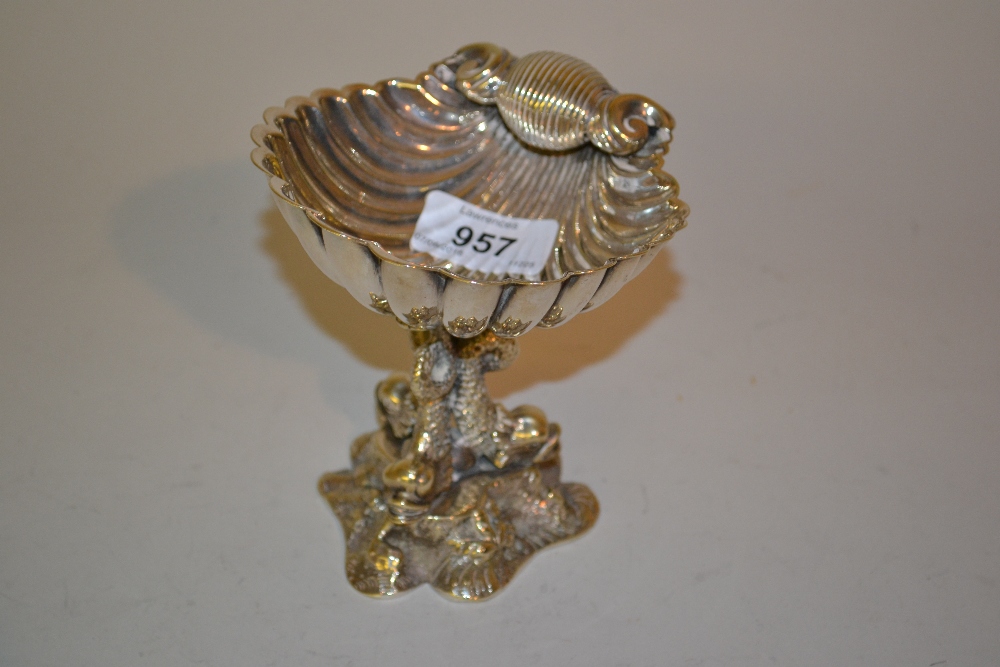 Small 19th Century silver plated tazza of shell form with dolphin supports
