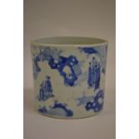 Large Chinese porcelain brush pot, blue and white painted with various figures,