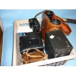 Cased pair of binoculars and various cameras