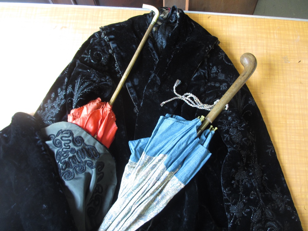 Victorian velvet beaded cape and two silk parasols etc