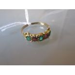 19th Century gold half hoop ring set three emeralds and two rubies