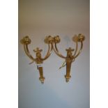 Pair of gilt brass Adam style twin branch wall lights