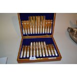 Cased set of six silver plated mother of pearl handled fruit knives with silver collars