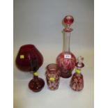 Red overlay cut glass decanter with stopper,