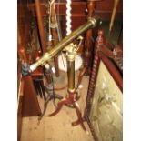 Reproduction brass telescope with engraved decoration on wooden and brass mounted stand