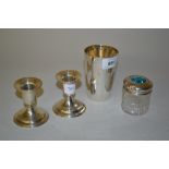 Silver beaker, dressing table bottle with silver and enamel cover (a/f),