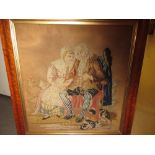 19th Century needlework picture of a seated lady and gentleman in a maple frame together with