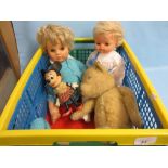 20th Century articulated plush teddy bear, two children's injection moulded dolls,