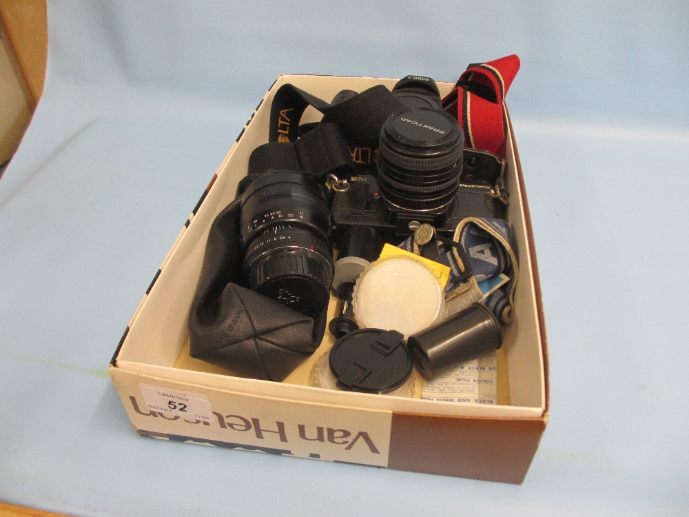 Praktica BM camera body with lens and zoom lens and a Canon AOS 5000 camera body