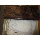 Ladies simulated crocodile skin leather handbag and a small box of crochet work