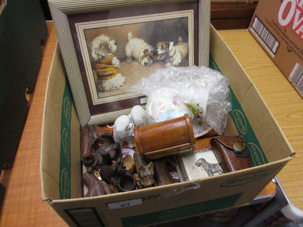 Various small Black Forest carvings, two porcelain figures of seated poodles,