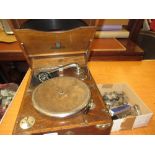 Dulcetto oak cased wind-up gramophone and a box containing a small quantity of various radio valves