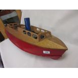 Bassett Lowke live steam model boat (lacking covers), with red painted metal hull,