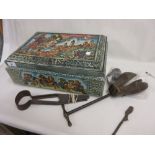 Large mid 20th Century lithographed tin plate biscuit box by Schmidt containing a shoe tree,