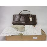 Ladies simulated crocodile skin leather handbag and a small box of crochet work