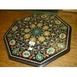 Indian Agra ware octagonal black slate floral inlaid table top decorated with malachite,