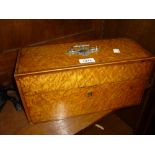19th Century birds eye maple crossbanded three section tea caddy with silver handle and hinges,