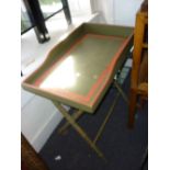 19th Century green painted and red lined tray on faux bamboo turned stand