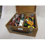 Small wooden box containing a quantity of various Lesney die-cast model vehicles