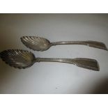 Pair of George IV silver Fiddle pattern tablespoons with shell pattern bowls and feather edge