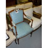 19th Century satinwood upholstered open elbow chair on turned tapering front supports